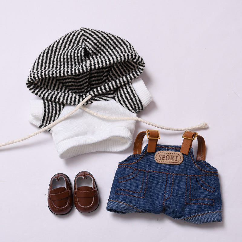 Handmade Labubu set can be paired with Labubu V1 Macaron and V2 seats denim overalls white striped hooded suit Labubu doll outfit (excluding dolls)