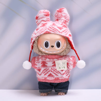 Handmade Labubu set can be paired with Labubu V1 Macaron and V2 seat accessories knitted printed woolen ball hat set Labubu plush baby clothes (excluding dolls)