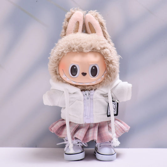 Handmade Labubu set can be paired with Labubu V1 Macaron and V2 seats white hoodie jacket+pink JK skirt vinyl LABUBU baby outfit (excluding dolls)
