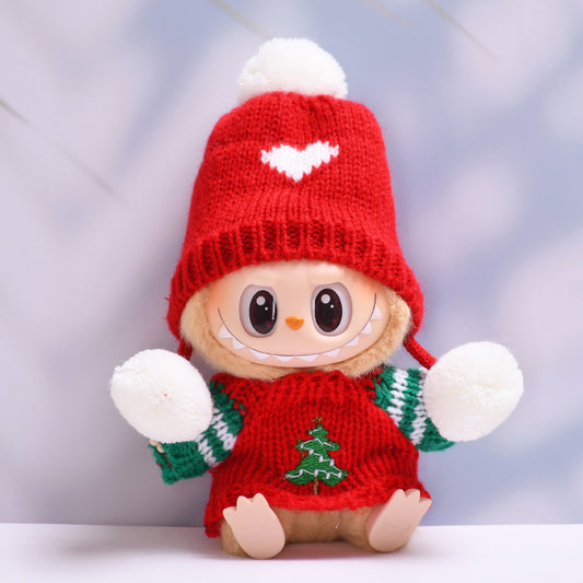 Handmade Labubu set can be paired with Labubu V1 Macaron and V2 seats for Christmas tree red sweater+fur ball red hat Labubu doll outfit (excluding dolls)