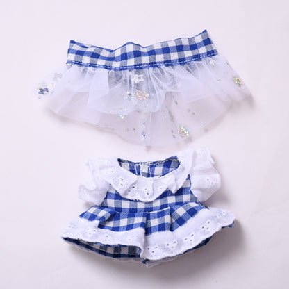 Handmade Labubu set can be paired with Labubu V1 Macaron and V2 seats with a blue plaid skirt headband set and a lace up cloth for baby clothes (excluding dolls)