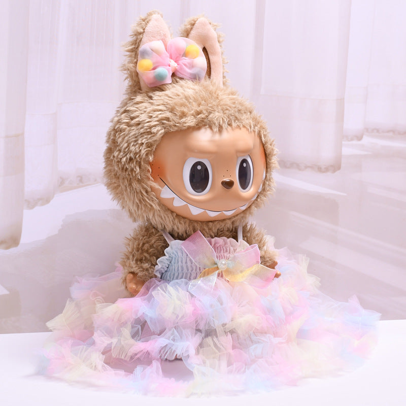 Handmade Labubu set can be paired with Labubu V1 Macaron and V2 seats with a 38cm vinyl cloth cover for changing clothes Colorful bow yarn skirt Labubu cute baby dress (excluding dolls)