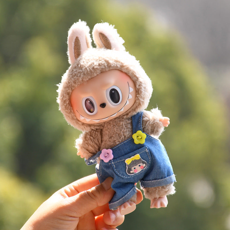 Handmade Labubu set can be paired with Labubu V1 Macaron and V2 seats with 17cm hanging pieces made of canvas for wearing denim overalls vinyl dolls keychains and baby clothes (excluding dolls)