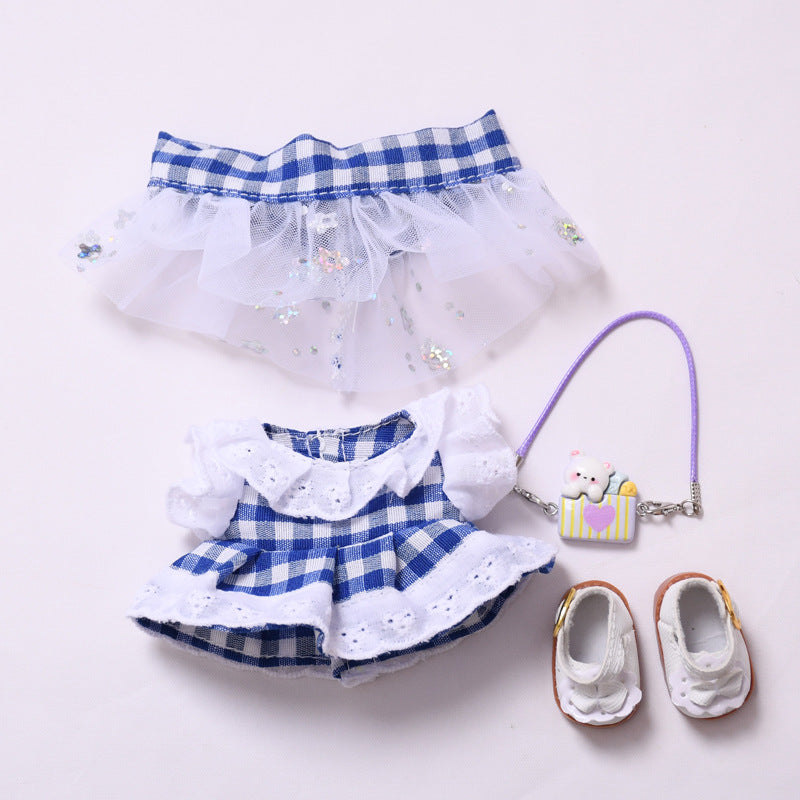 Handmade Labubu set can be paired with Labubu V1 Macaron and V2 seats with a blue plaid skirt headband set and a lace up cloth for baby clothes (excluding dolls)