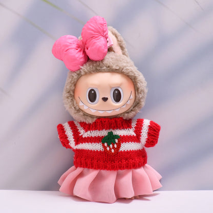 Handmade Labubu set can be paired with Labubu V1 Macaron and V2 seats with red strawberry sweater yarn skirt set and Labubu doll outfit (excluding dolls)