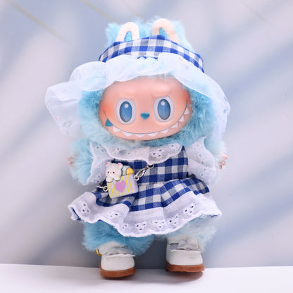 Handmade Labubu set can be paired with Labubu V1 Macaron and V2 seats with a blue plaid skirt headband set and a lace up cloth for baby clothes (excluding dolls)
