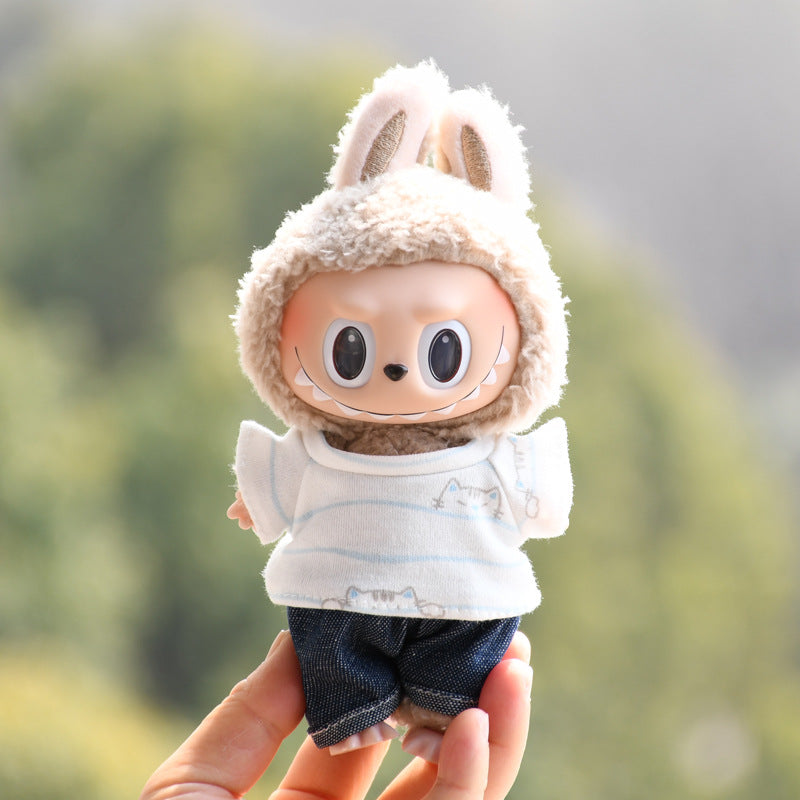 Handmade Labubu set can be paired with Labubu V1 Macaron and V2 seats 17cm pendant ragcloth clothes kitten striped T-shirt two-piece set ragcloth doll clothing replacement (excluding dolls)