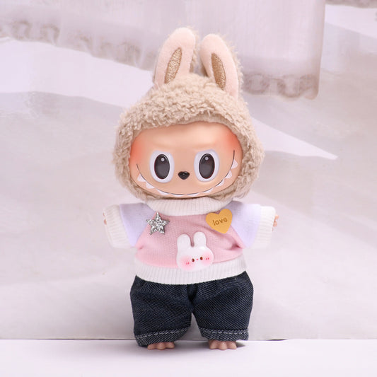 Handmade Labubu set can be paired with Labubu V1 Macaron and V2 seats with a 17cm hanging piece Labubu cloth clothes include a bunny pink T-shirt and denim shorts Labubu doll clothing replacement (excluding dolls)