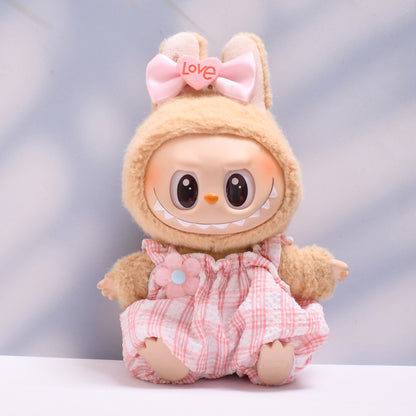 Handmade Labubu set can be paired with Labubu V1 Macaron and V2 seats pink fluffy floral overalls set Labubu doll outfit (excluding dolls)