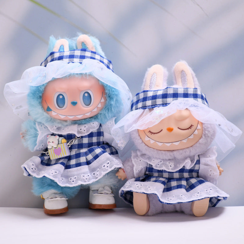 Handmade Labubu set can be paired with Labubu V1 Macaron and V2 seats with a blue plaid skirt headband set and a lace up cloth for baby clothes (excluding dolls)