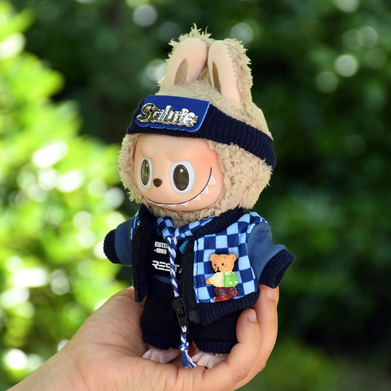 Handmade Labubu set can be paired with Labubu V1 Macaron and V2 seats 17cm Labubu pendant clothes fashionable blue plaid hoodie set ragcloth casual dressing clothes (excluding dolls)