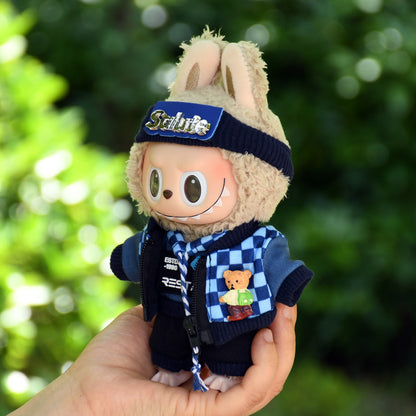 Handmade Labubu set can be paired with Labubu V1 Macaron and V2 seats 17cm Labubu pendant clothes fashionable blue plaid hoodie set ragcloth casual dressing clothes (excluding dolls)