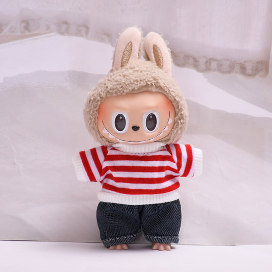 Handmade Labubu set can be paired with Labubu V1 Macaron and V2 seats 17cm pendant canvas clothing striped T-shirt+denim shorts canvas doll clothing replacement (excluding dolls)