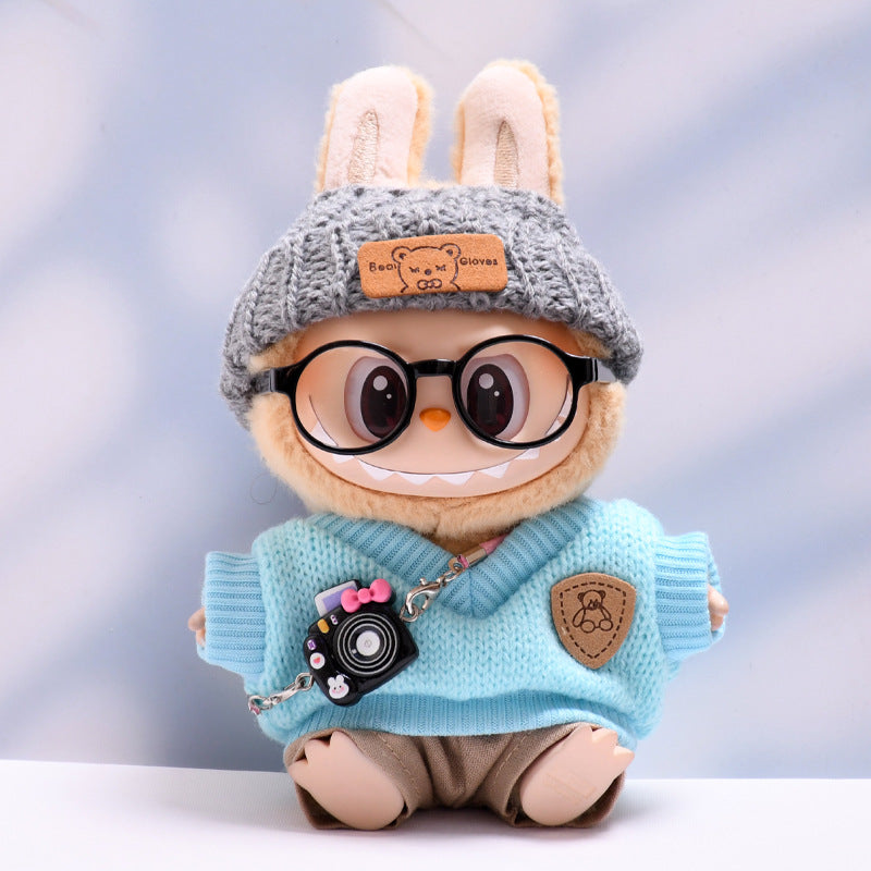 Handmade Labubu set can be paired with Labubu V1 Macaron and V2 seats blue knitted vest glasses hat set Labubu doll clothes (excluding dolls)