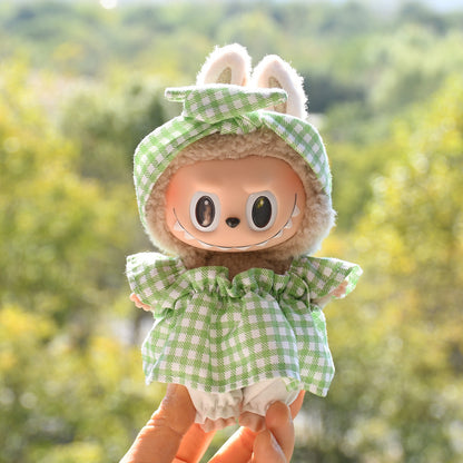 Handmade Labubu set can be paired with Labubu V1 Macaron and V2 seats with 17cm hanging pieces made of canvas fabric as a substitute for headband style plaid skirts and vinyl dolls (excluding dolls)