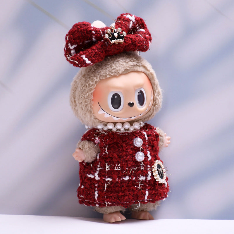 Handmade Labubu set can be paired with Labubu V1 Macaron and V2 seats 17cm canvas pendant clothes red small fragrant style vinyl Labubu doll dress (excluding dolls)