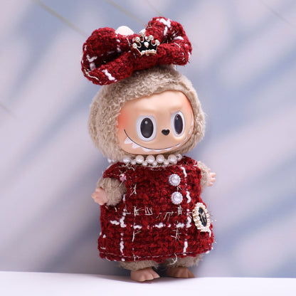 Handmade Labubu set can be paired with Labubu V1 Macaron and V2 seats 17cm canvas pendant clothes red small fragrant style vinyl Labubu doll dress (excluding dolls)
