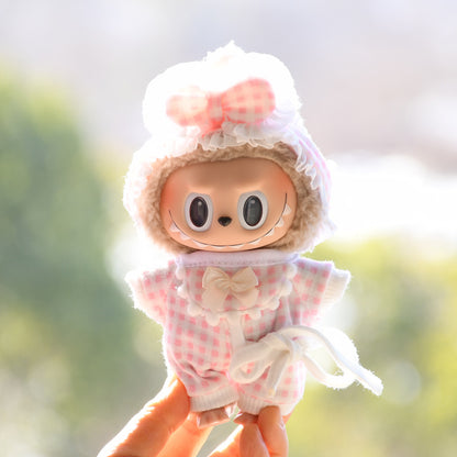 Handmade Labubu set can be paired with Labubu V1 Macaron and V2 seats 15cm pendant canvas clothes checkered pajamas, three piece set keychain vinyl doll baby clothes (excluding dolls)