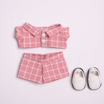 Handmade Labubu set can be paired with Labubu V1 Macaron and V2 seat blind box pendant canvas clothes pink checkered suit dress labubu baby clothes (excluding dolls)