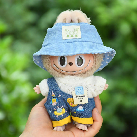 Handmade Labubu set can be paired with Labubu V1 Macaron and V2 seats blind box 17cm canvas pendant clothes cute denim cartoon overalls set Labubu baby clothes cute (except for dolls)