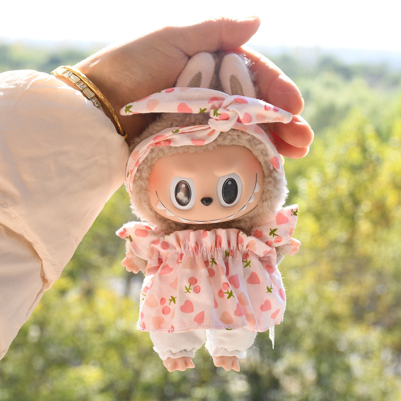 Handmade Labubu set can be paired with Labubu V1 Macaron and V2 seats with 17cm hanging pieces made of canvas fabric as a substitute for headband style pink cherry three piece set of vinyl doll clothes (excluding dolls)