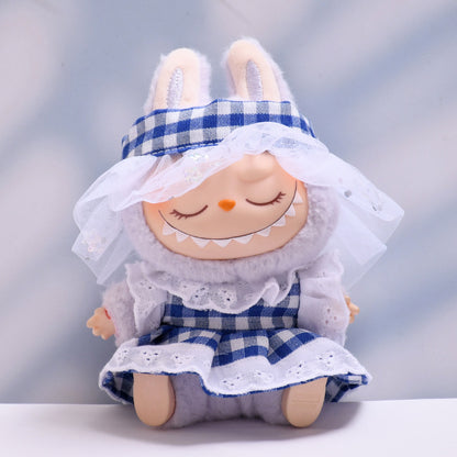 Handmade Labubu set can be paired with Labubu V1 Macaron and V2 seats with a blue plaid skirt headband set and a lace up cloth for baby clothes (excluding dolls)