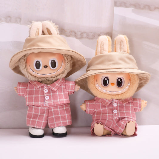 Handmade Labubu set can be paired with Labubu V1 Macaron and V2 seat blind box pendant canvas clothes pink checkered suit dress labubu baby clothes (excluding dolls)