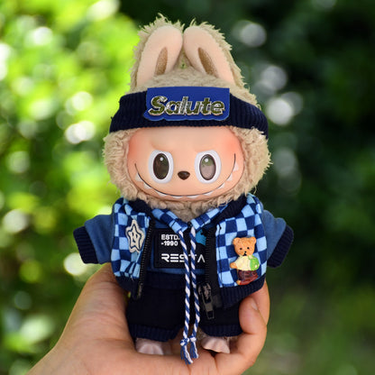 Handmade Labubu set can be paired with Labubu V1 Macaron and V2 seats 17cm Labubu pendant clothes fashionable blue plaid hoodie set ragcloth casual dressing clothes (excluding dolls)