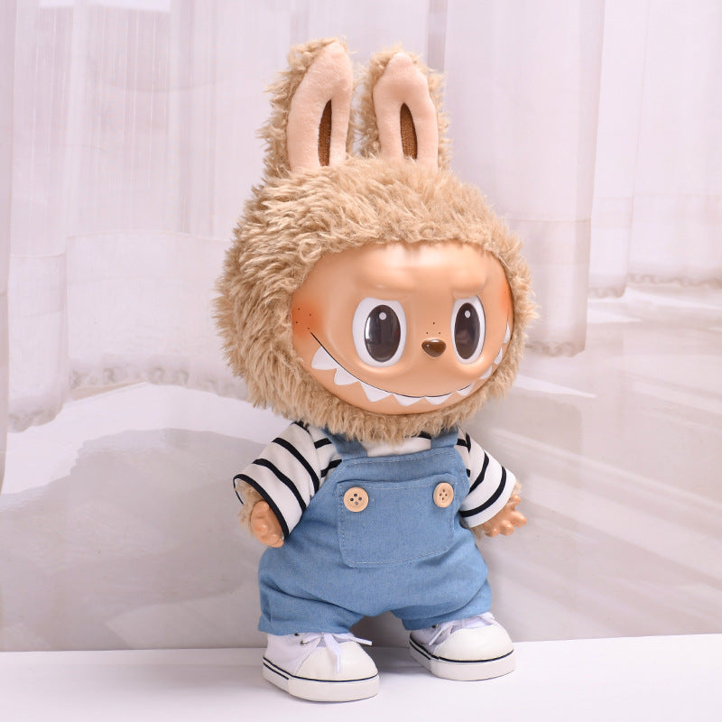 Handmade Labubu set can be paired with Labubu V1 Macaron and V2 seats 38cm vinyl cloth plush toy clothes striped T-shirts overalls casual clothes for children (excluding dolls)