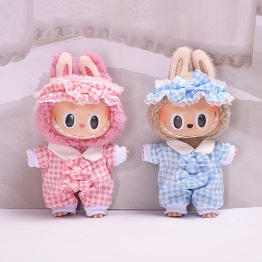Handmade Labubu set can be paired with Labubu V1 Macaron and V2 seats Checkered pajama set climbing suit 17cm Labubu doll jacket (excluding dolls)