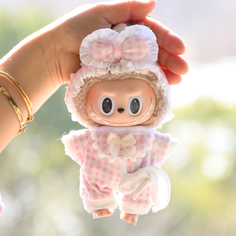 Handmade Labubu set can be paired with Labubu V1 Macaron and V2 seats 15cm pendant canvas clothes checkered pajamas, three piece set keychain vinyl doll baby clothes (excluding dolls)