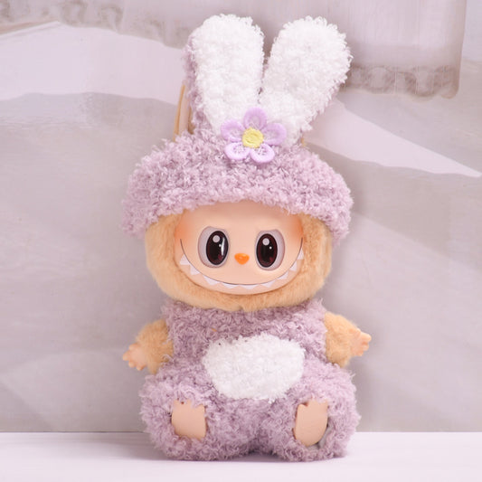Handmade Labubu set can be paired with Labubu V1 Macaron and V2 seats with purple rabbit ear headband and two-piece set of Labubu doll clothing (excluding dolls)