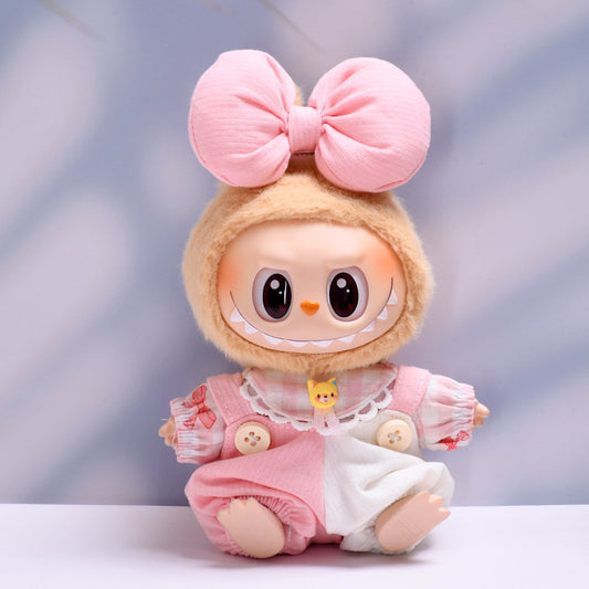 Handmade Labubu Outfit First and Second Generation Seating Labubu Cloth Pendant Clothes Labubu Baby Clothes Big Bow Strap Pants Set (not including dolls)