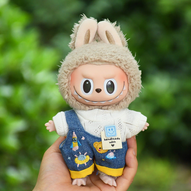 Handmade Labubu set can be paired with Labubu V1 Macaron and V2 seats blind box 17cm canvas pendant clothes cute denim cartoon overalls set Labubu baby clothes cute (except for dolls)