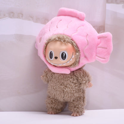 Handmade Labubu set can be paired with Labubu V1 Macaron and V2 seat 17cm pendant canvas clothing accessories pink goldfish head cover keychain Labubu cute hat (excluding dolls)