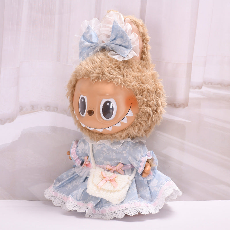 Handmade Labubu set can be paired with Labubu V1 Macaron and V2 seats featuring 38cm canvas doll clothes Labubu dolls can replace blue printed rose dresses (excluding dolls)