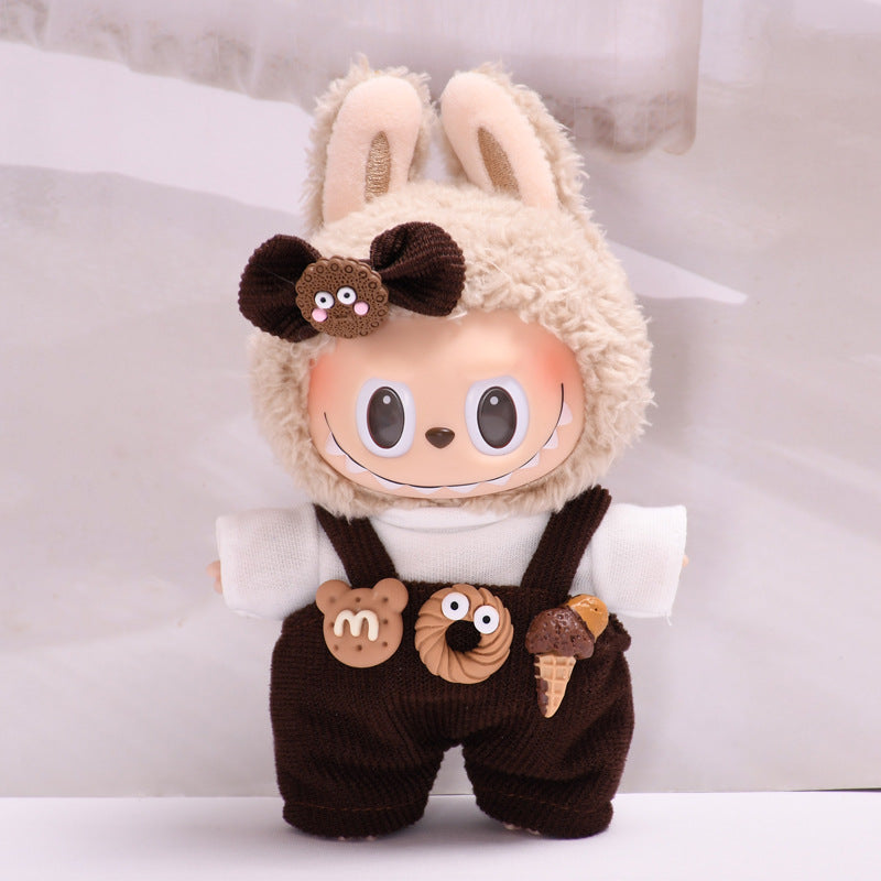 Handmade Labubu set can be paired with Labubu V1 Macaron and V2 seats, 17cm canvas pendant clothes, dark brown donut overalls, vinyl labubu baby clothes (excluding dolls)