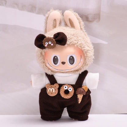 Handmade Labubu set can be paired with Labubu V1 Macaron and V2 seats, 17cm canvas pendant clothes, dark brown donut overalls, vinyl labubu baby clothes (excluding dolls)