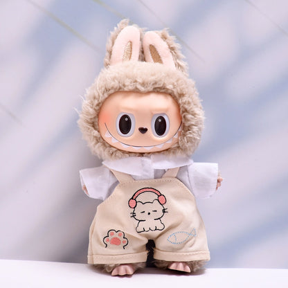 Handmade Labubu set can be paired with Labubu V1 Macaron and V2 seats paired with kitten beige overalls shirt set LABUBU baby outfit (excluding dolls)