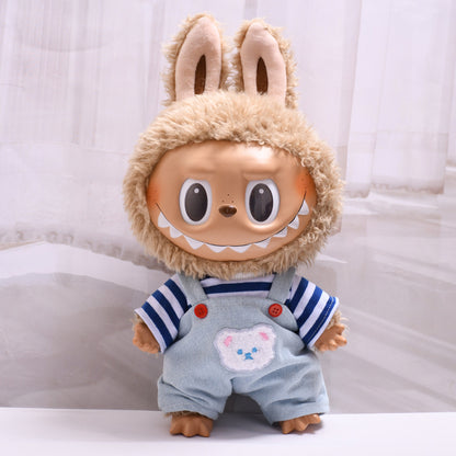 Handmade Labubu set can be paired with Labubu V1 Macaron and V2 seats 38cm Labubu doll doll clothes blue striped teddy bear overalls Labubu changing clothes (excluding dolls)