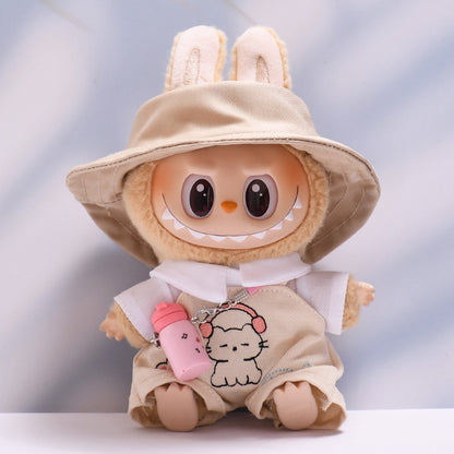 Handmade Labubu set can be paired with Labubu V1 Macaron and V2 seats paired with kitten beige overalls shirt set LABUBU baby outfit (excluding dolls)