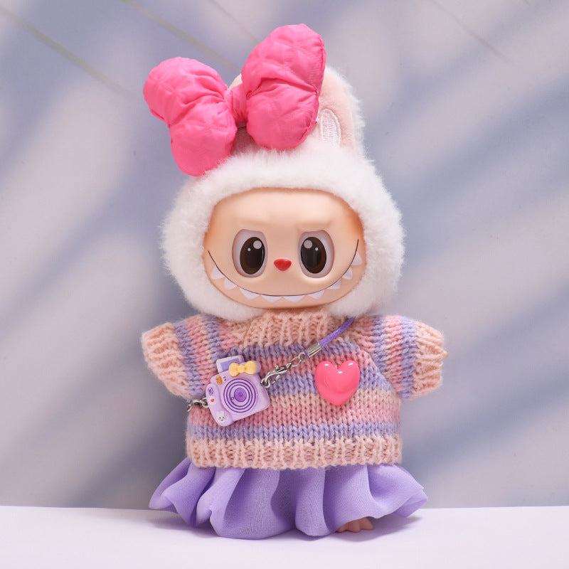 Handmade Labubu set can be paired with Labubu V1 Macaron and V2 seats with purple heart-shaped sweater yarn skirt set and Labubu doll outfit (excluding dolls)