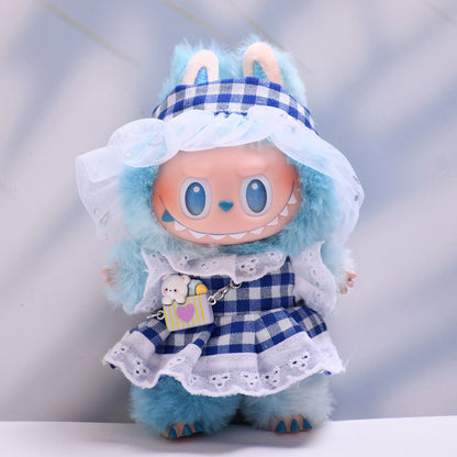 Handmade Labubu set can be paired with Labubu V1 Macaron and V2 seats with a blue plaid skirt headband set and a lace up cloth for baby clothes (excluding dolls)