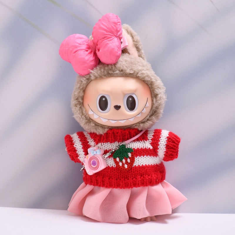 Handmade Labubu set can be paired with Labubu V1 Macaron and V2 seats with red strawberry sweater yarn skirt set and Labubu doll outfit (excluding dolls)