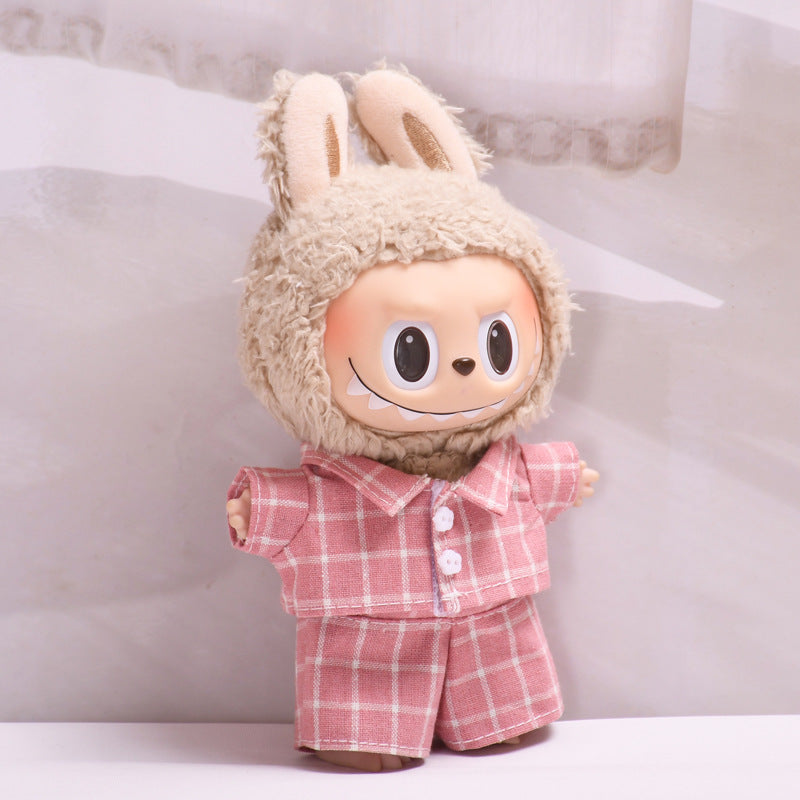 Handmade Labubu set can be paired with Labubu V1 Macaron and V2 seat blind box pendant canvas clothes pink checkered suit dress labubu baby clothes (excluding dolls)