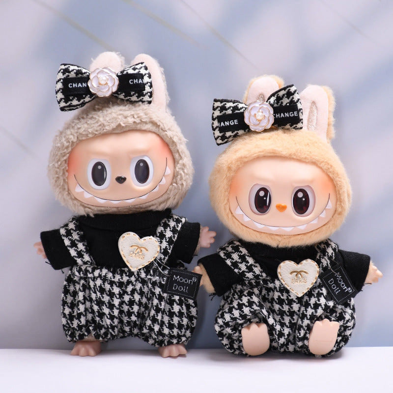 Handmade Labubu set can be paired with Labubu V1 Macaron and V2 seats blind box Labubu pendant clothes heart-shaped checkered overalls Labubu doll clothing replacement (excluding dolls)