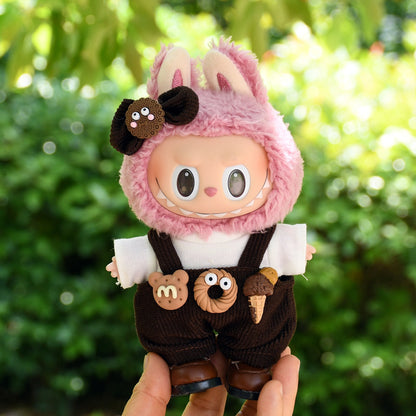 Handmade Labubu set can be paired with Labubu V1 Macaron and V2 seats, 17cm canvas pendant clothes, dark brown donut overalls, vinyl labubu baby clothes (excluding dolls)