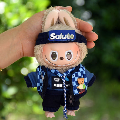 Handmade Labubu set can be paired with Labubu V1 Macaron and V2 seats 17cm Labubu pendant clothes fashionable blue plaid hoodie set ragcloth casual dressing clothes (excluding dolls)