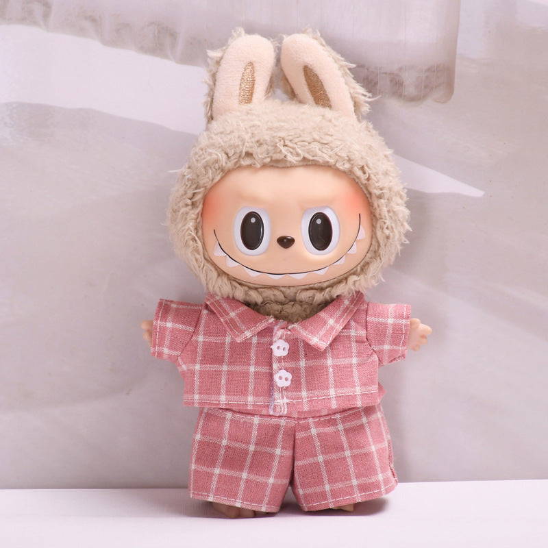 Handmade Labubu set can be paired with Labubu V1 Macaron and V2 seat blind box pendant canvas clothes pink checkered suit dress labubu baby clothes (excluding dolls)