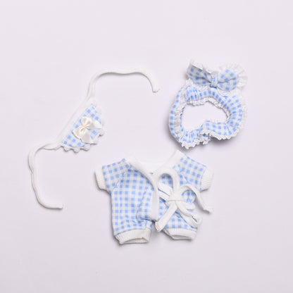 Handmade Labubu set can be paired with Labubu V1 Macaron and V2 seats 15cm pendant canvas clothes checkered pajamas, three piece set keychain vinyl doll baby clothes (excluding dolls)
